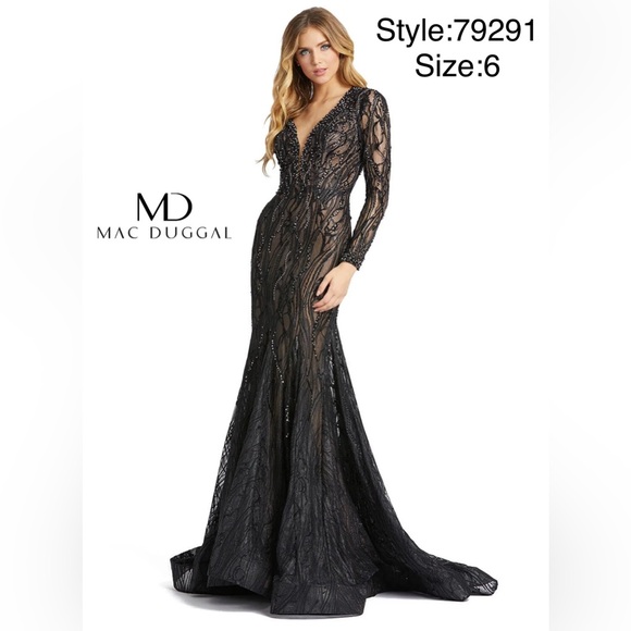 Mac Duggal Dresses & Skirts - Long sleeve beaded plunge neck lace gown